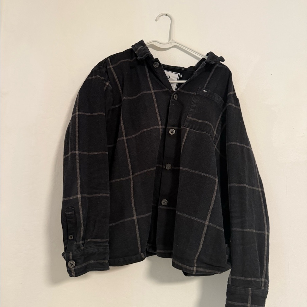 Peau De Loup Black Windowpane Hooded Utility Shacket